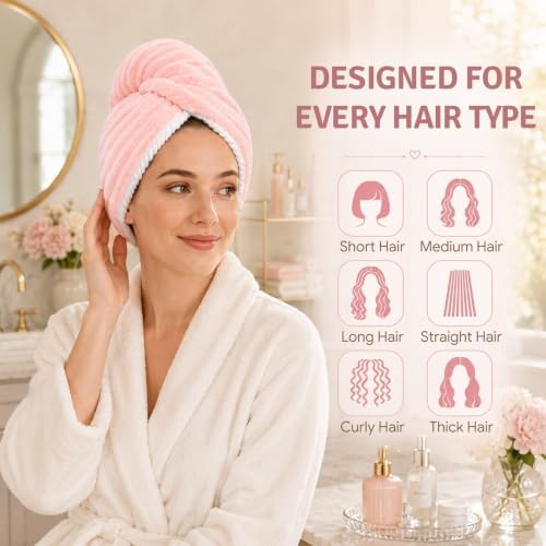 2 Pack Microfiber Hair Towel Wraps, Quick Dry Turbans, Pink & Blue - Image 4