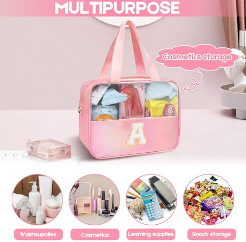 Personalized Initial Clear Makeup Bag Pink Cosmetic Bag Set Large Travel Toiletry Bag, Cute Clear Make Up Bags Organizer Bag for Girlfriend Teacher Gifts Teen Girl Gifts Trendy Stuff E (Pink) - Image 4