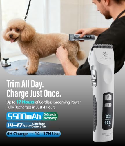 Professional Dog Grooming Clippers with 17H Runtime & Replaceable 440C Blade, 5-Speed Low Noise Electric Dog Shaver for Thick, Matted, Curly Hair, Cordless Clipper for Groomer & Home Use, White - Image 2