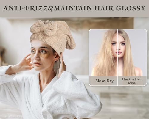 Hair Towel Wrap for Women 2 Pack, Anti-Frizz Microfiber Hair Plopping Towel Super Absorbent Quick Dry Turbans for Curly Wet Hair Grey Khaki - Image 2