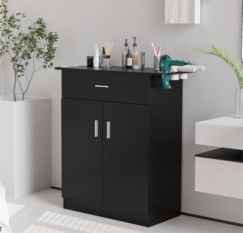 OmySalon Salon Station Barber Storage Cabinet, Free Standing Beauty Hair Stations, Beauty Salon Spa Equipment Hair Styling Utility Unit with 1 Drawers, 1 Storage Cabinet, 6 Hair Dryer Holders, Black by OmySalon