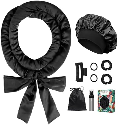 Gwabee Satin Heatless Curls Overnight Hair Curlers to Sleep In Hair Curler Rollers No Heat Hair Wrap for Curls Headband, 70" Satin Heatless Curling Rod Set for Women Long Waves Hair Volume -Black 9PCS by Gwabee