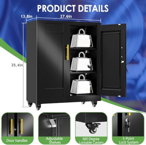 35.4" Metal Garage Storage Cabinet with Wheels and Locking Doors - Image 3