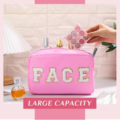 Remerry 4 Pcs Nylon Makeup Bags Waterproof Spacious Travel Cosmetic Bag for Women Chenille Letter Preppy Zipper Pouch Face Stuff Skin Hair Organizer Gift(Rose Red, Pink, Light Pink, White) - Image 5