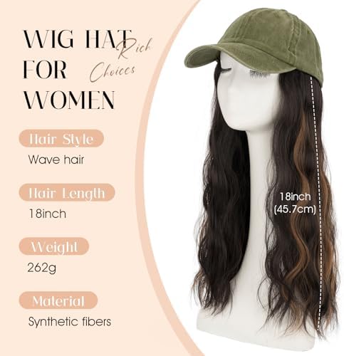 Rich Choices Hat Wigs for Women,Olive Green Baseball Cap with Hair Extensions for Women,Caps with Wavy Curly Long Hair Attached Adjustable Baseball Cap Wig 18 Inch Highlighted Dark Brown Hair - Image 2