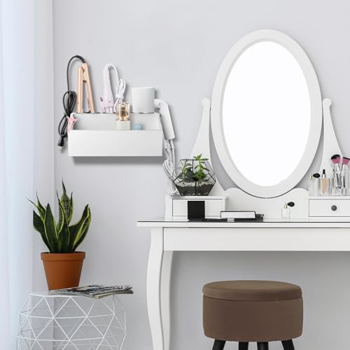 Bivvclaz Hair Tool Organizer, Wooden Hair Dryer Holder Wall Mount, Countertop Hot Tools Organizer for Hair Styling Accessories, Bathroom Supplies Vanity Caddy for Curling Wand, Blow Dryer, White - Image 7