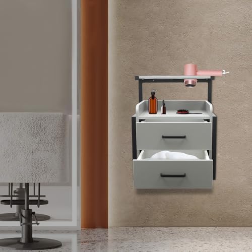 Salon Wall Cabinet with 2 Drawers, Wall Mounted Salon Storage Organizer with Hair Dryer Holder, Hair Station for Beauty Spa Barbershop (Black＋Grey) - Image 4