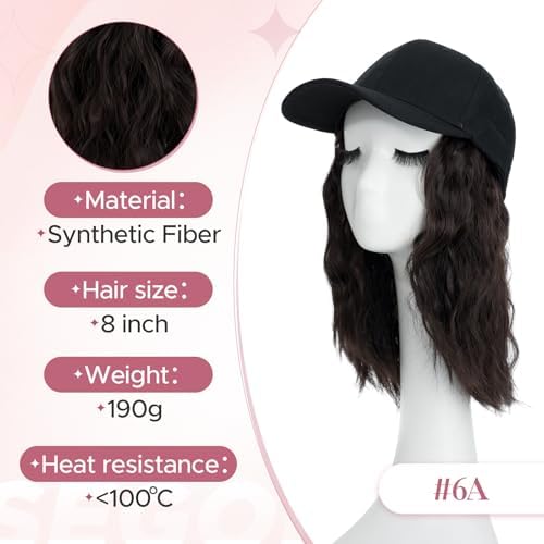 SEGO Baseball Cap with Hair Extensions for Women Heat Resistant Synthetic 8" Adjustable Long Curly Hairpiece Replacement Wigs in Black Hat for Girls 6A Dark Brown - Image 5