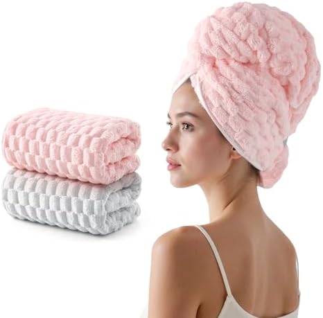 REDKISS 2 Pack Microfiber Hair Towels - Extra Large Hair Towel Wrap for Women, 24x42 inch Pink Hair Towels with Elastic Strap, Super Soft Grey Hair Drying for Long, Curly Anti Frizz Turbans by REDKISSOnline