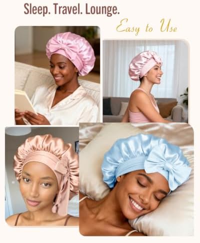 BONNET QUEEN Double Layer Silk Bonnet for Sleeping for Women Satin Lined Bonnet Night Cap for Curly Hair with Tie Band,Light Blue - Image 5