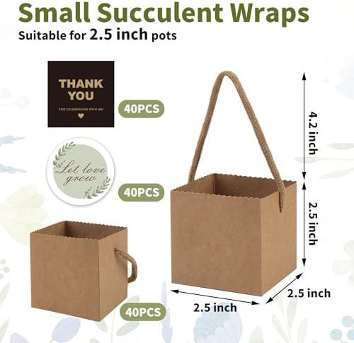 Temlum 2.5 Inch Succulent Wrap Bags (Fits 2.5″ Pots) with Thank You & Let Love Grow Stickers, Small Gift Box for Wedding, Baby Shower, Succulent Party Favors for Guests (Brown 40pcs) - Image 2