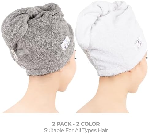 American Soft Linen 100% Cotton Hair Towels for Women, Head Towel Cap, Cotton Hair Turban Towel Wrap for Hair, Soft and Absorbent Cotton Hair Towels 2 Pack, White-Light Gray - Image 2