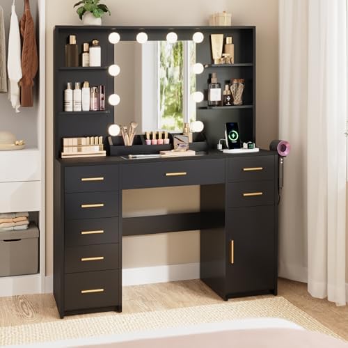 ELYKEN Makeup Vanity Desk with Mirror and Lights, Glass Top, Black - Image 6