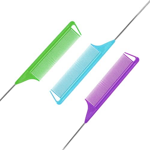 Rat Tail Teasing Combs Set: 3 Long Steel Pin Combs for Parting Hair - Salon Styling Combs for Women (Purple, Green, Blue) - Image 3