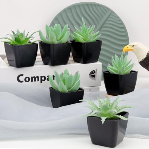 Woration 6pcs Small Faux Artificial Flocking Succulent Plants in Black Pots Fake Plastic Plants Topiaries for Shelf Table Windowsills Office Home Green Decoration - Image 6