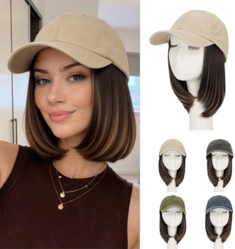 Rich Choices Hat Wigs for Women,Khaki Baseball Cap with Hair Extensions for Women,Short Bob Hairstyle Caps with Hair Attached Adjustable Baseball Cap Wig 6 Inch Highlighted Dark Brown Hair by RichChoices