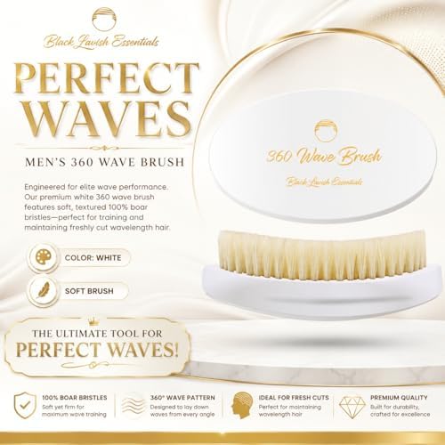 360 Wave Brush, Build Deeper Waves, Soft & Hard Boar Bristle, Curved Design, Black Lavish Essentials Signature (Soft Brush, White) - Image 2