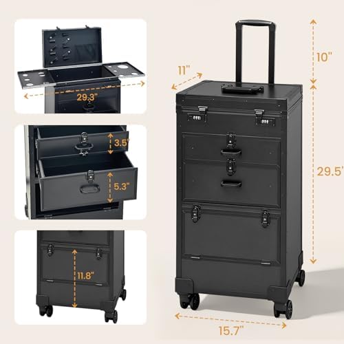 Travel Salon Cart with 4 Drawers, Hair Stylist Cart on Wheels Portable Salon Station with Aluminum Alloy Frame and Worktop Tray, Rolling Makeup Train Case Cosmetology Case - Image 6