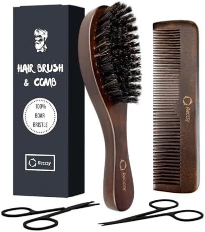 Men's Hair Brush and Comb Set - Boar Bristle Brush & Beard Scissors by Reccsy