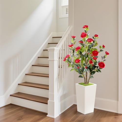 Romantic Season 4FT Artificial Camellia Tree with White Tall Planter, Red Faux Camellia Plant Flower Tree for Modern Home Office Living Room Floor Décor Outdoor Indoor，Red - Image 6