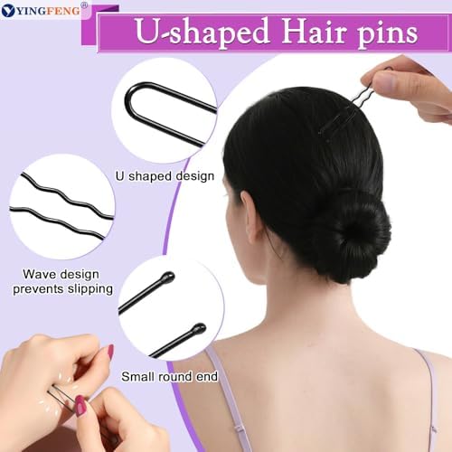 YINGFENG 134 Pcs Black Hair Bun Maker Kit Medium - 4 Bun Hair Pieces for Women, 20 Hair Net for Buns, 100 Bobby Pins for Women, 10 Hair Bands, for Ballet Styling, Hair Accessories for Girls - Image 4