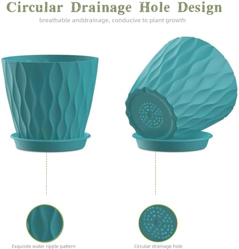 6 Inch Plant Pots, 6 Pack Indoor Flower Pots, Planters with Drainage Holes and Trays for Orchids, Violets, Succulents, Herbs, and Other Plants,Blue-Green - Image 3