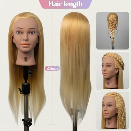 Mannequin Head 24-25inch, Synthetic Fiber Hair Mannequin Head, Beauty And Hairdressing Model Practice Head, with Clip-on Stand Set (Gold) - Image 3