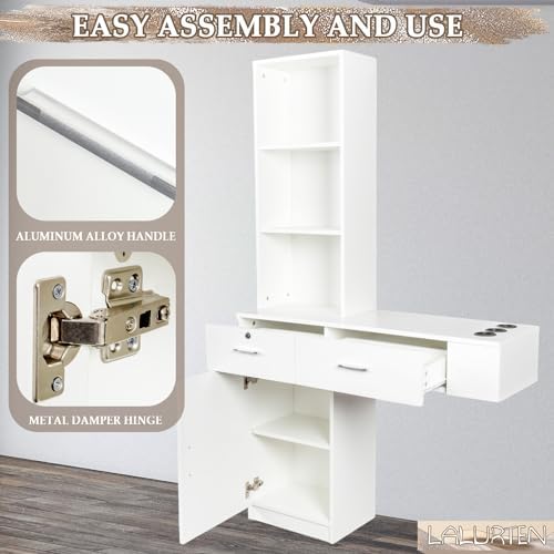 Barber Station Wall Mount Styling Stations for Salons with Cabinets Salon Station for Hair Stylist with Lockable Drawers Salon Cabinet with 3 Shelves Styling Hairstylist Station (White) - Image 5