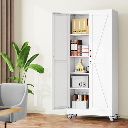 71" Metal Garage Storage Locker Cabinet with Wheels,Rolling White Lockable Tool Cabinet with 2 Doors and 4 Adjustable Shelves, Steel Office File Cabinet for Home Office Warehouse Gym - Image 2