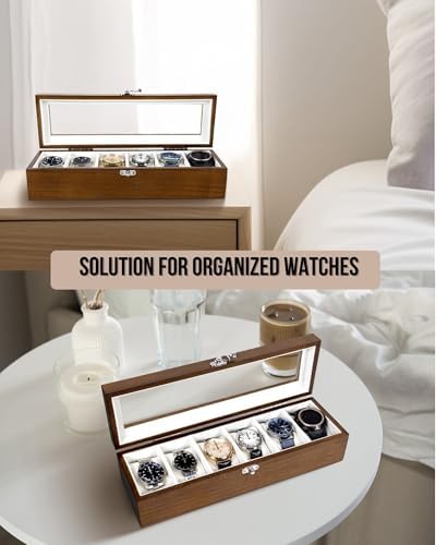 Watch Box, Watch Case for Men Women with Large Glass Lid, Wooden Watch Display Storage Box with 6 - Slots, Rustic Brown Mens Watch Box Organizer - Image 4