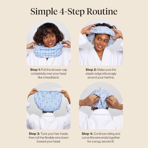 Kitsch Luxury Satin-Lined Flexi Shower Cap for Women - Gingham Blue - Image 4