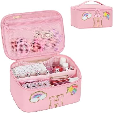 OCHEAL Initial Makeup Bag,Pink Travel Makeup Organizer Case Beauty Toiletry Cosmetic Bag with Rainbow, Trendy Stuff Personalized Gifts for Women and Girls-H by OCHEAL
