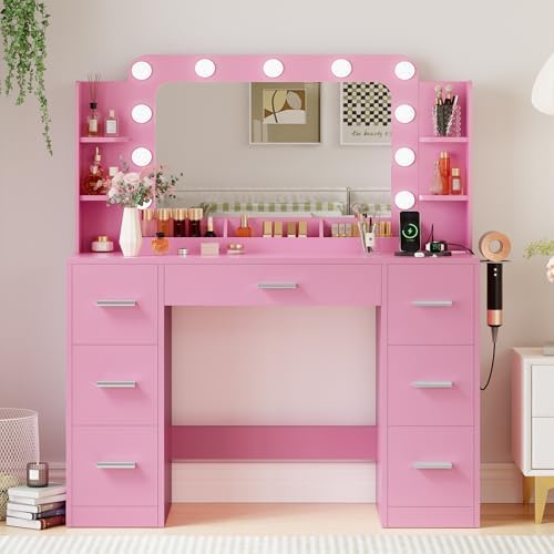 JUMMICO Makeup Vanity Desk with Large Mirror and Lights, Vanity with Power Strip and Hairdryer Holder, 6 Open Shelves and 7 Drawers Modern Dressing Table, for Bedroom (Pink) - Image 2