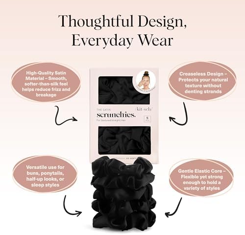 Kitsch Satin Scrunchies for Women | For All Hair Types - Black, 5pcs - Image 4