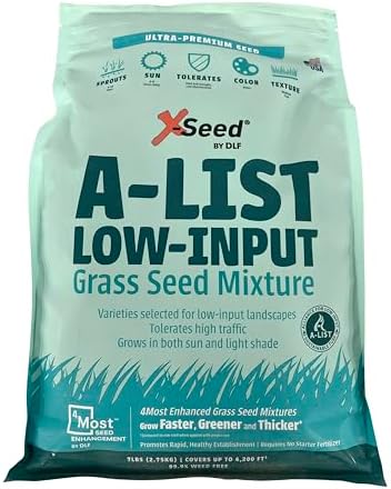 A-List Low Input Mixture Lawn Seed - Premium Grass Seeds for Lawn Repair Over Seeding and Thickening Ideal for Low Maintenance Drought-Resistant Lawn for High Traffic Sun and Light Shade Mix, 7 Pounds by DLF