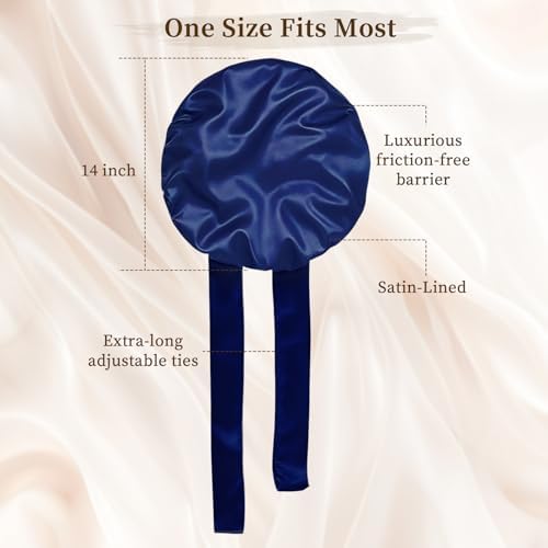 Silk Bonnet Satin Bonnet for Sleeping Large Bonnets with Tie Band Hair Wrap with Adjustable Straps Hair Cap for Women Curly Hair Blue - Image 7