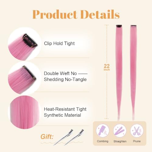 Pink Colored Clip in Hair Extensions, Synthetic Hair for Girls - Image 4