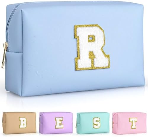 TOPEAST Cosmetic Travel Bags for Women, Preppy Small Makeup Bag, PU Leather Waterproof Toiletry Bag, Unique Friendship Gifts for Friends Coworker, Cute Stuff for Girls (Sky Blue R) by TOPEAST