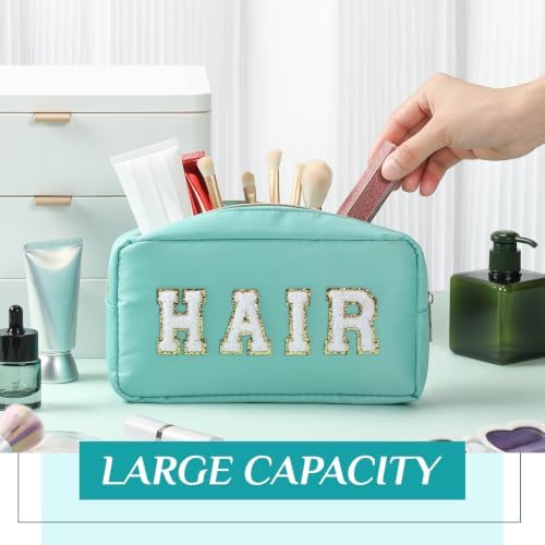 Remerry 4 Pcs Nylon Makeup Bags Waterproof Spacious Travel Cosmetic Bag for Women Chenille Letter Preppy Zipper Pouch Face Stuff Skin Hair Organizer Gift(Blue, Pink, Apricot, Purple) - Image 4