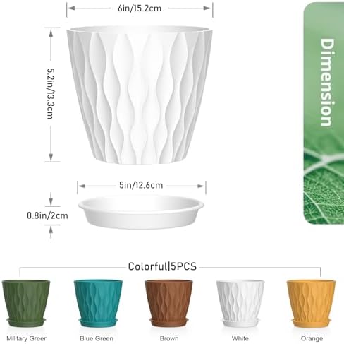 Meowell 6 inch Plant Pots, 5Pack Water Ripple Flower Pots for Indoor Outdoor Plants, Plastic Planters with Drainage Holes and Saucers, Nursery Pots for Small Succulent Garden House Plants, Multicolor - Image 2