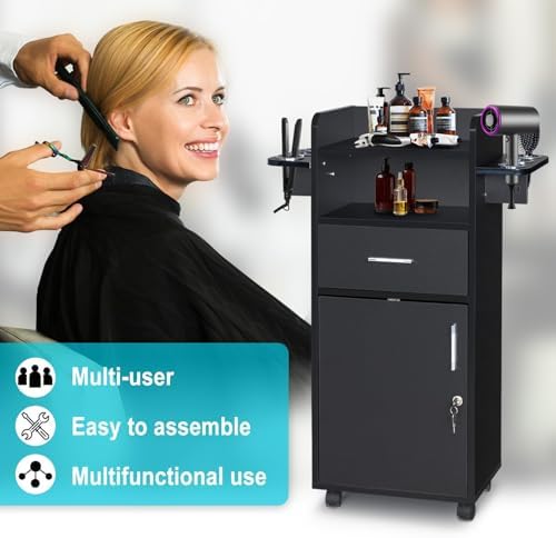 Hair Salon Storage Cart with Locable Wheels & 3 Hair Dryer Holders & 4 Drawers & Lock & 2 Keys, Rolling Salon Cart for Hair Stylist, Hairdresser, Beauty (Black - B) - Image 5