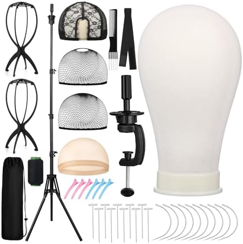 ProSuites 22 Inch Canvas Mannequin Head with 61" Adjustable Wig Stand Tripod, Wig Set of 40 PCS with Wig Holder, Caps, Elastic Bands, T/C Pins Tool Kit for Wigs Styling Making Display by ProSuites