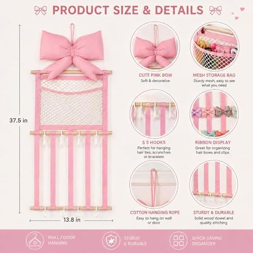 Suncalla Pink Hair Bows Holder Headband Organizer for Girls, Mesh Pocket - Image 3