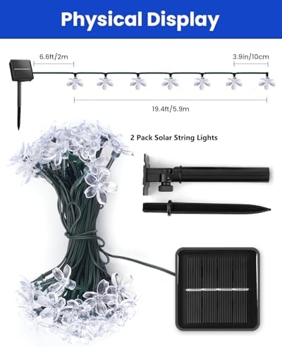 Brightown 2 Pack Total 52FT 120 LED Solar Flower String Lights for Outside Waterproof Fairy Lights for Garden Yard Fence Patio Christmas Tree Wedding Party Decor, Blue - Image 3