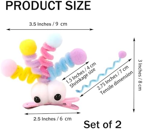 MIUPOO Fluffy Pom Poms Hair Clips,Crazy Hair Day Accessories for Girls,Quirky Little Monster Barrettes,Plush Duckbill Hairpins Hair Barrettes,Party Modeling Hair Accessories,2 Pieces,Pink eyes - Image 2