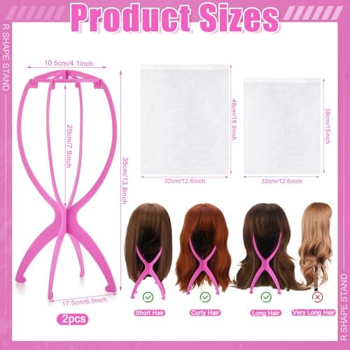 ProSuites Wig Set, Pink Travel Wig Stand with 2 Pcs Wig Dust Bags, Wig Holder Hat Display with Wig Bag for Women Multiple Wigs - Wig Party Kit for Salon Home Use - Image 2