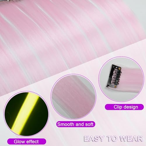 Ms Aloe Glow in the Dark Hair Extensions Pink Clip in Hair Extensions 22inch Synthetic Straight Hair Clip in Luminous Colored Hair Extensions for Women (10pcs Pink) - Image 4