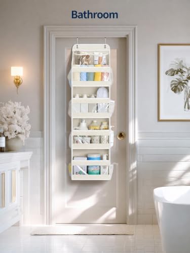 Yecaye 5 Tier Over the Door Organizer, Swing-proof Door Organizer Hanging with Clear PVC Windows, Behind the Door Storage for Bedroom Nursery Closet Laundry Pantry Bathroom, Cream White - Image 6
