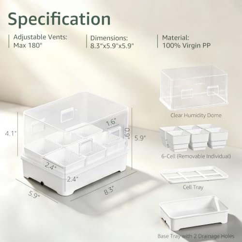 Seed Starter Tray Kit with Adjustable-Vent Humidity Dome & Air‑Pruning Cells, Reusable Plant Germination Trays with Superior Air & Drainage, Removable Cells for Flexible Transplanting, 6‑Cell - Image 2