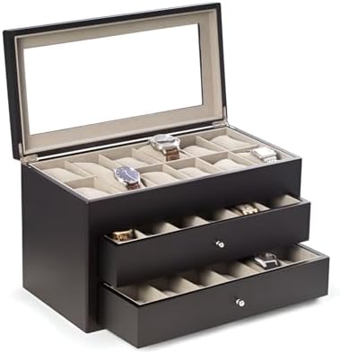 Bey-Berk Duke Matte Black Wood Watch Box – 36-Slot Organizer with Glass Top, 2 Drawers & Velour Lining by Bey-Berk